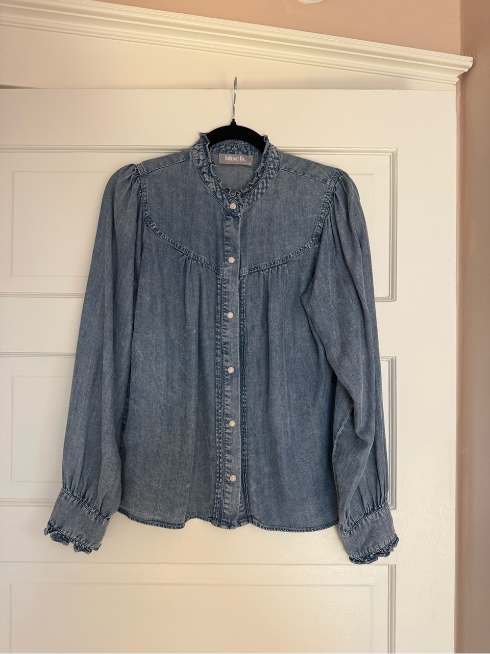Boutique Vintage-Style Denim Button-Up Blouse - Light Blue